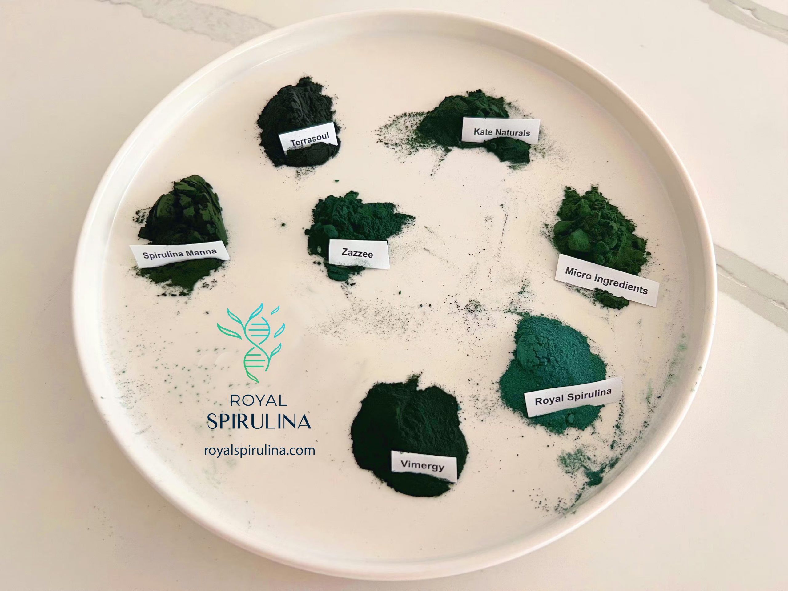 Comparison of 8 popular spirulina brands showing dramatic differences in color and quality
