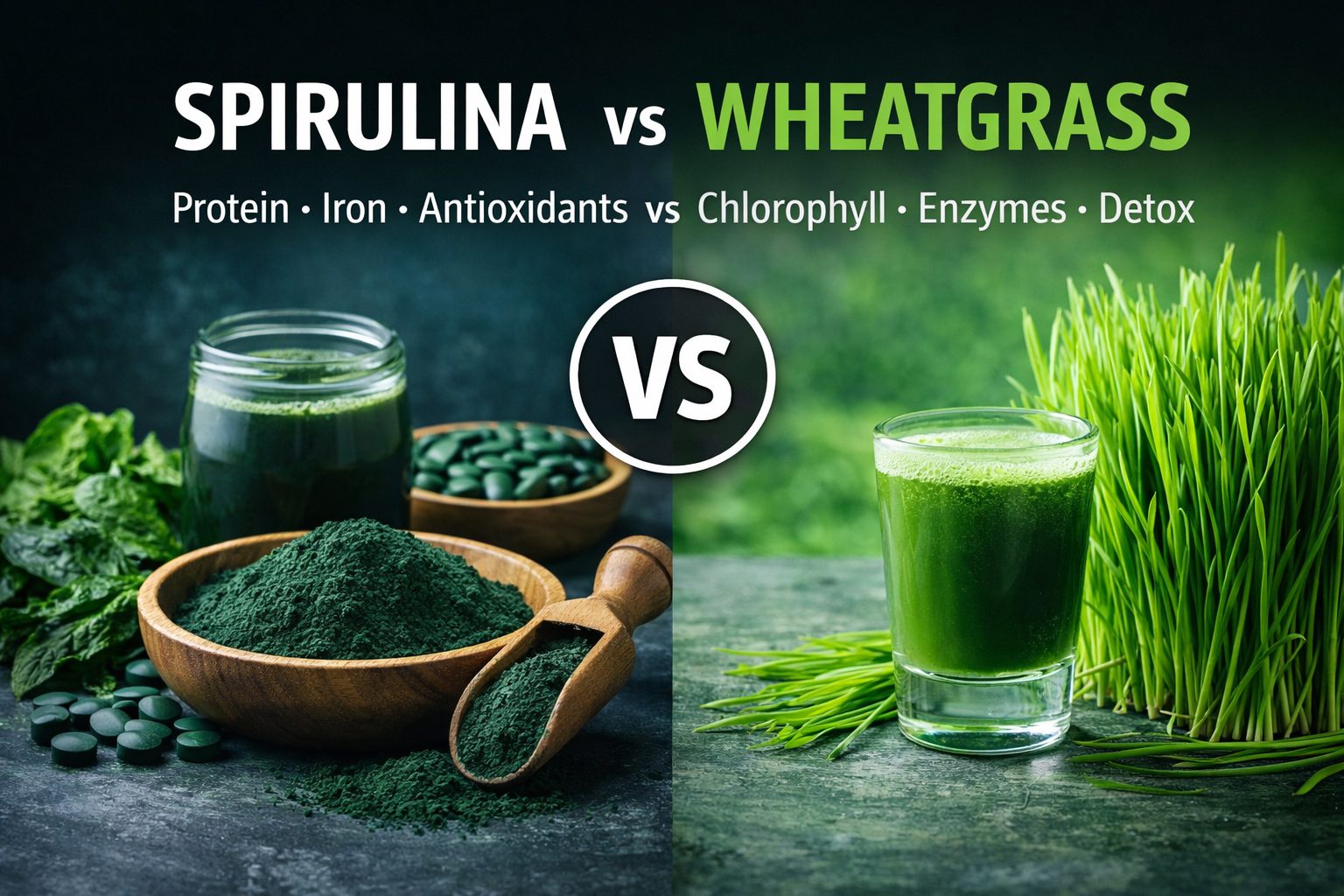 Spirulina vs wheatgrass superfood comparison chart showing nutritional differences