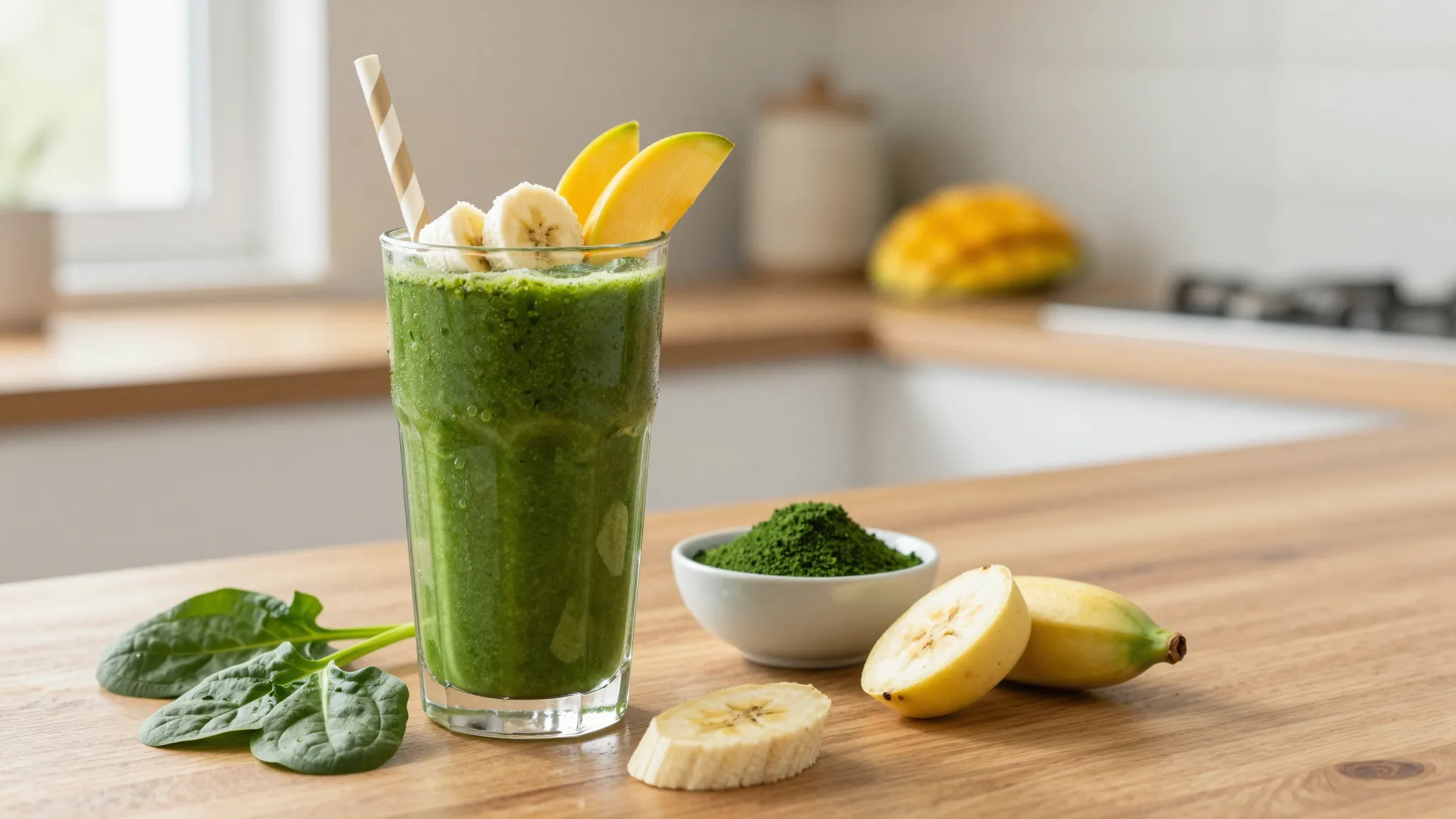 Classic green spirulina smoothie in a tall glass with banana, spinach and mango