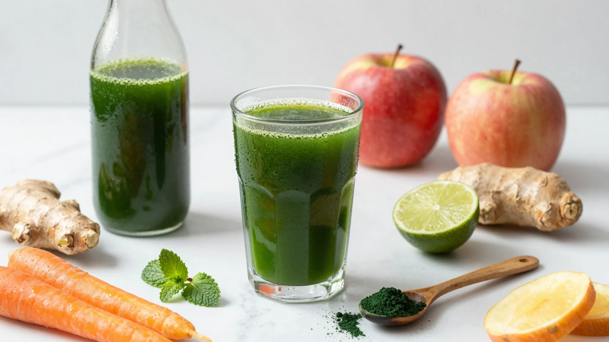 Fresh cold-pressed green juice with apple, ginger, carrot and spirulina