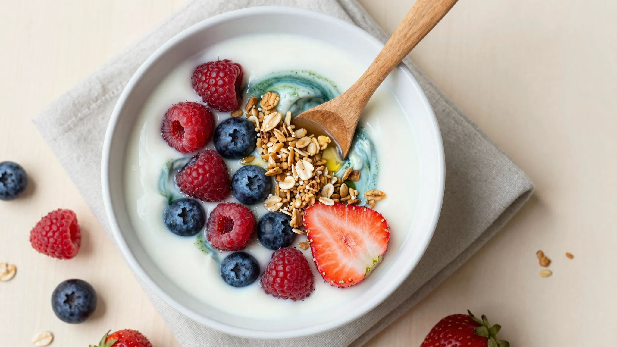 Yogurt bowl swirled with spirulina, topped with fresh berries, granola and honey