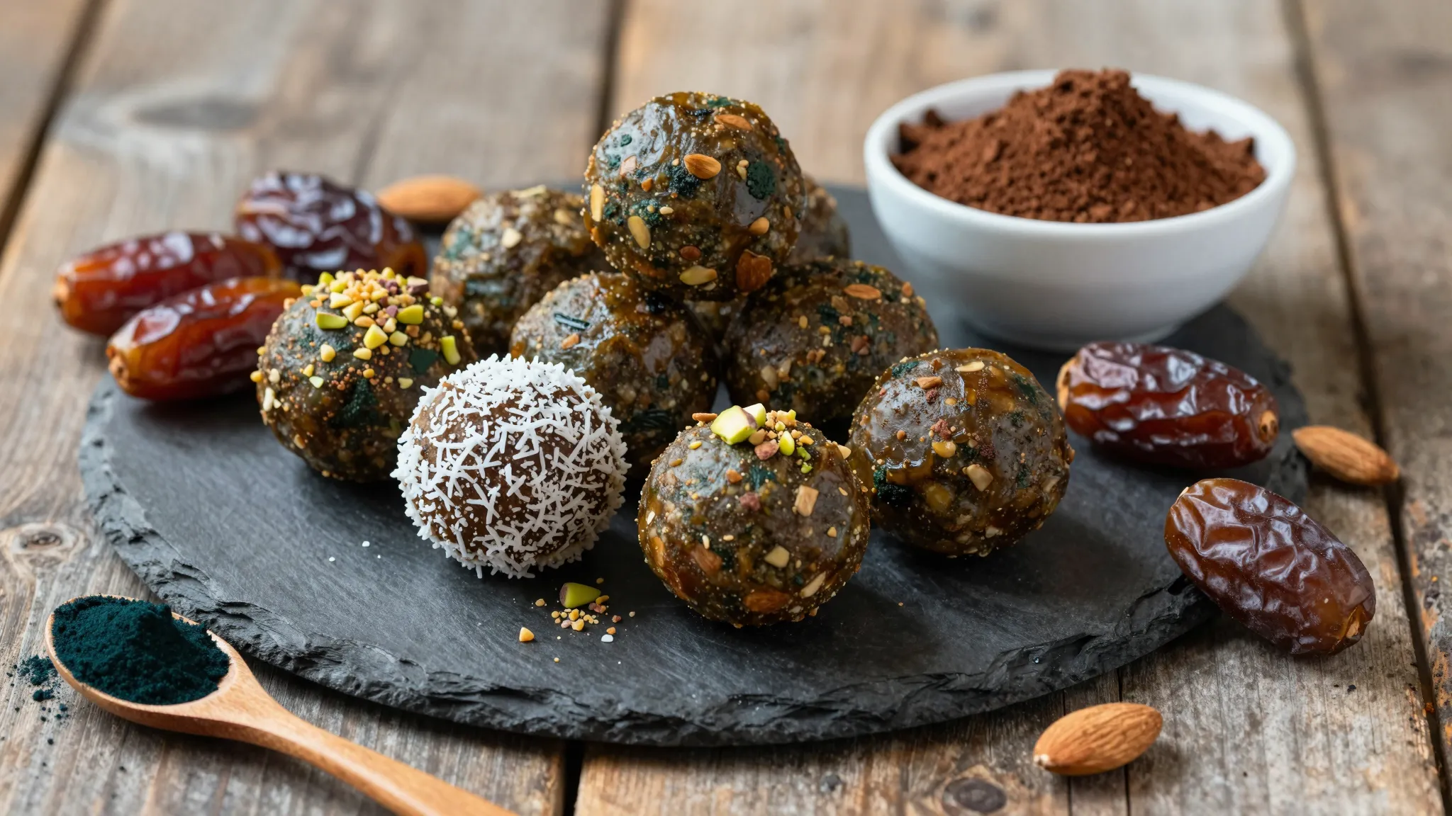 No-bake spirulina energy balls with dates, almonds, cacao and coconut