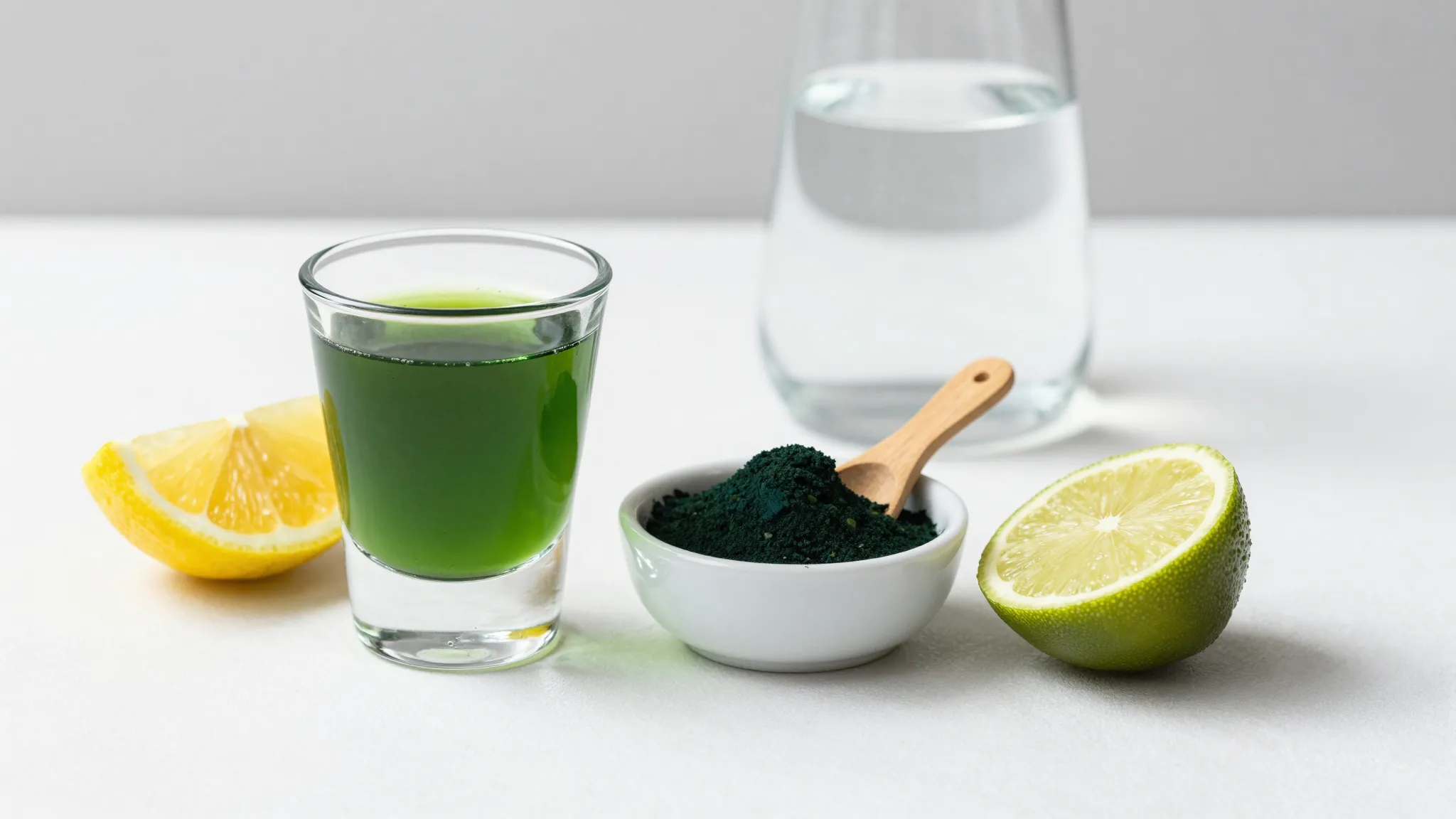 Small glass shot of spirulina water with lemon wedge and a pinch bowl of spirulina powder