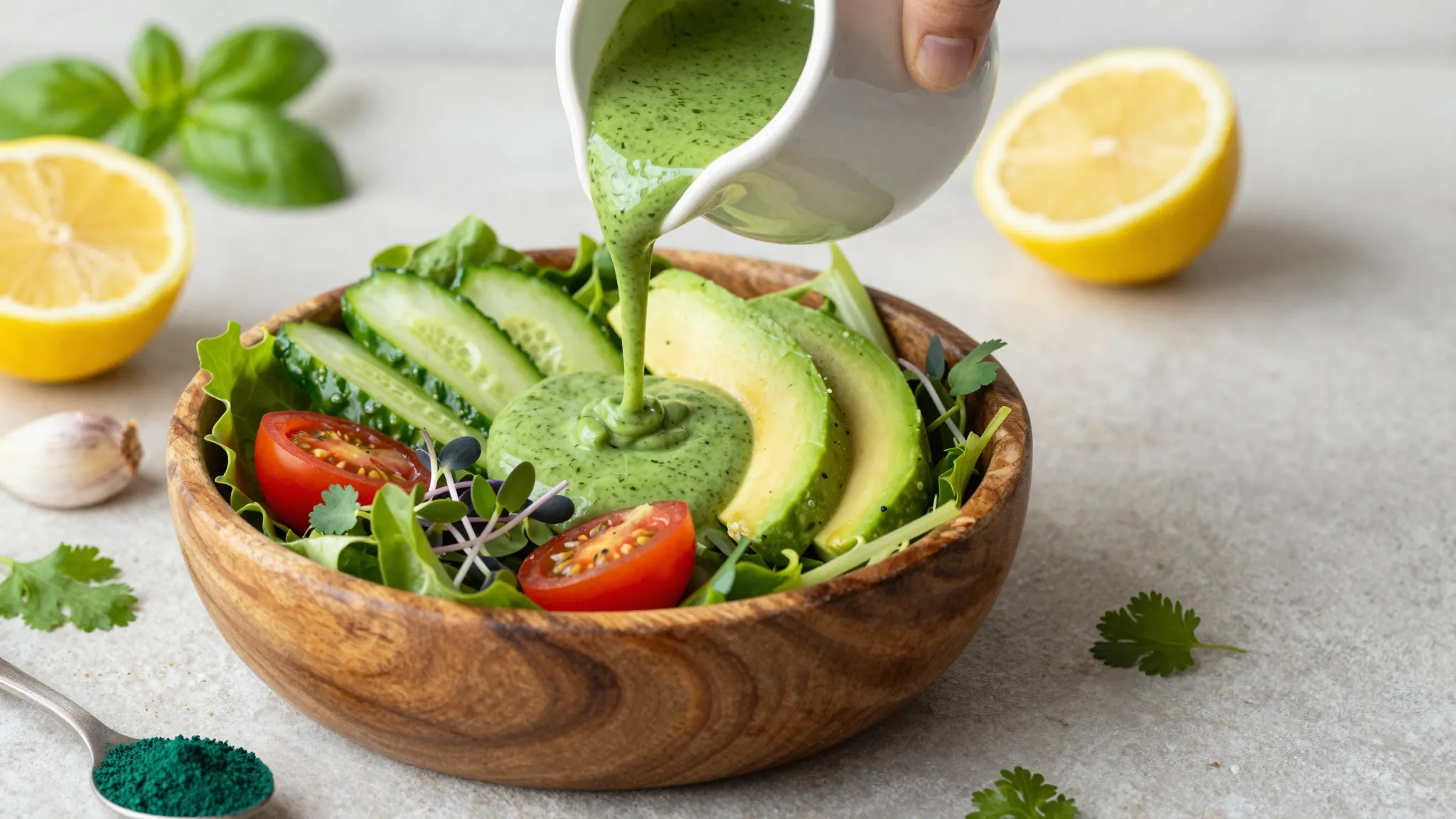Creamy green goddess salad dressing with spirulina, fresh herbs and lemon