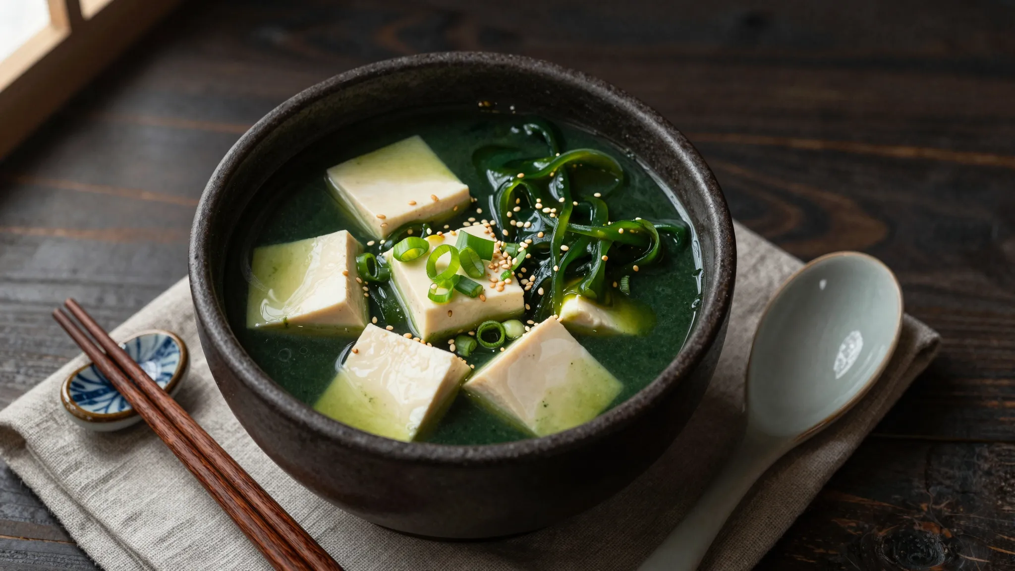 Warm miso-style broth with spirulina swirl, tofu, scallions and wakame