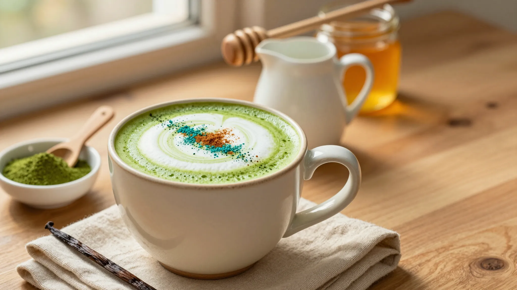 Green spirulina nut milk latte in a ceramic mug with frothy microfoam