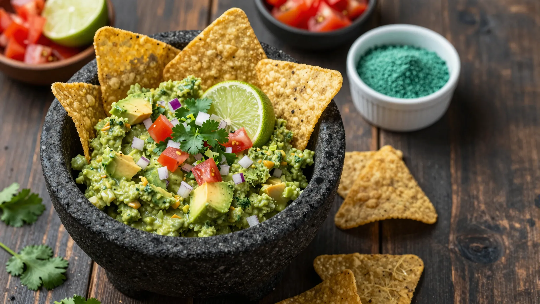 Vibrant green spirulina guacamole in a stone molcajete with tortilla chips and lime
