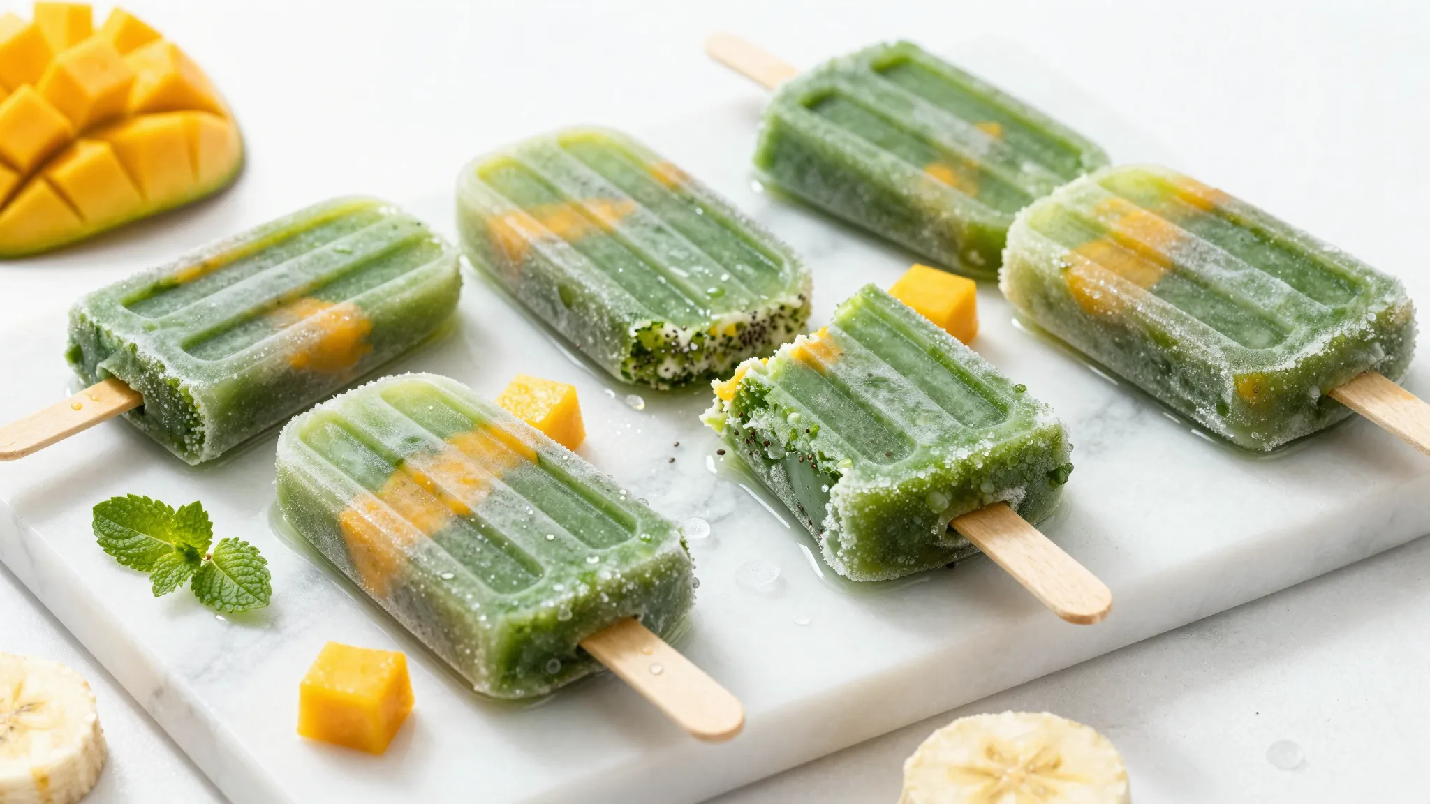 Green spirulina and mango swirl popsicles on a chilled marble slab with fresh fruit