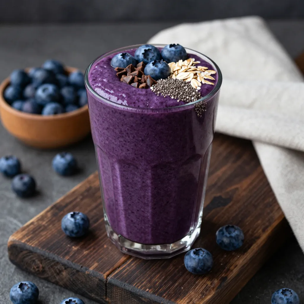 Wild Blueberry Antioxidant Spirulina Smoothie topped with fresh blueberries