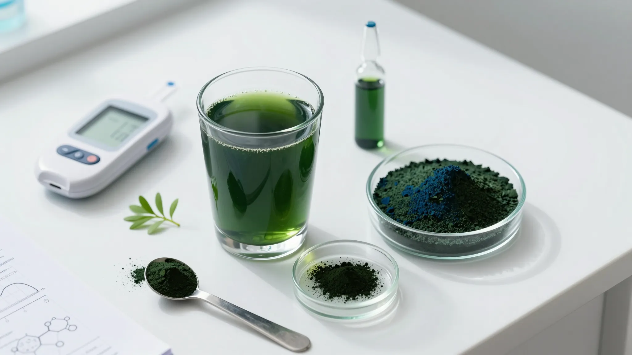 Clinical flat lay showing a glass of green spirulina drink, bowl of spirulina powder, glucose meter and research journal on a white lab benchtop