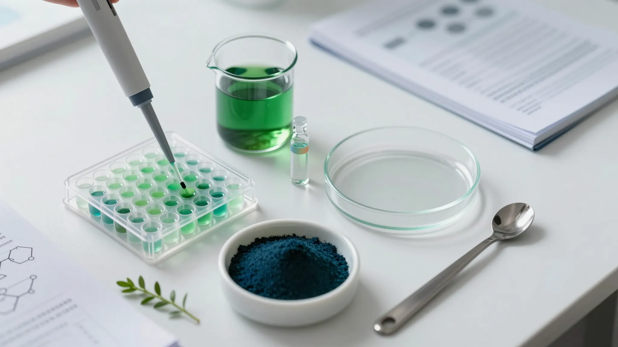Clinical flat lay with micropipette over a 96-well plate alongside spirulina extract, powder and an open research journal on a white lab benchtop