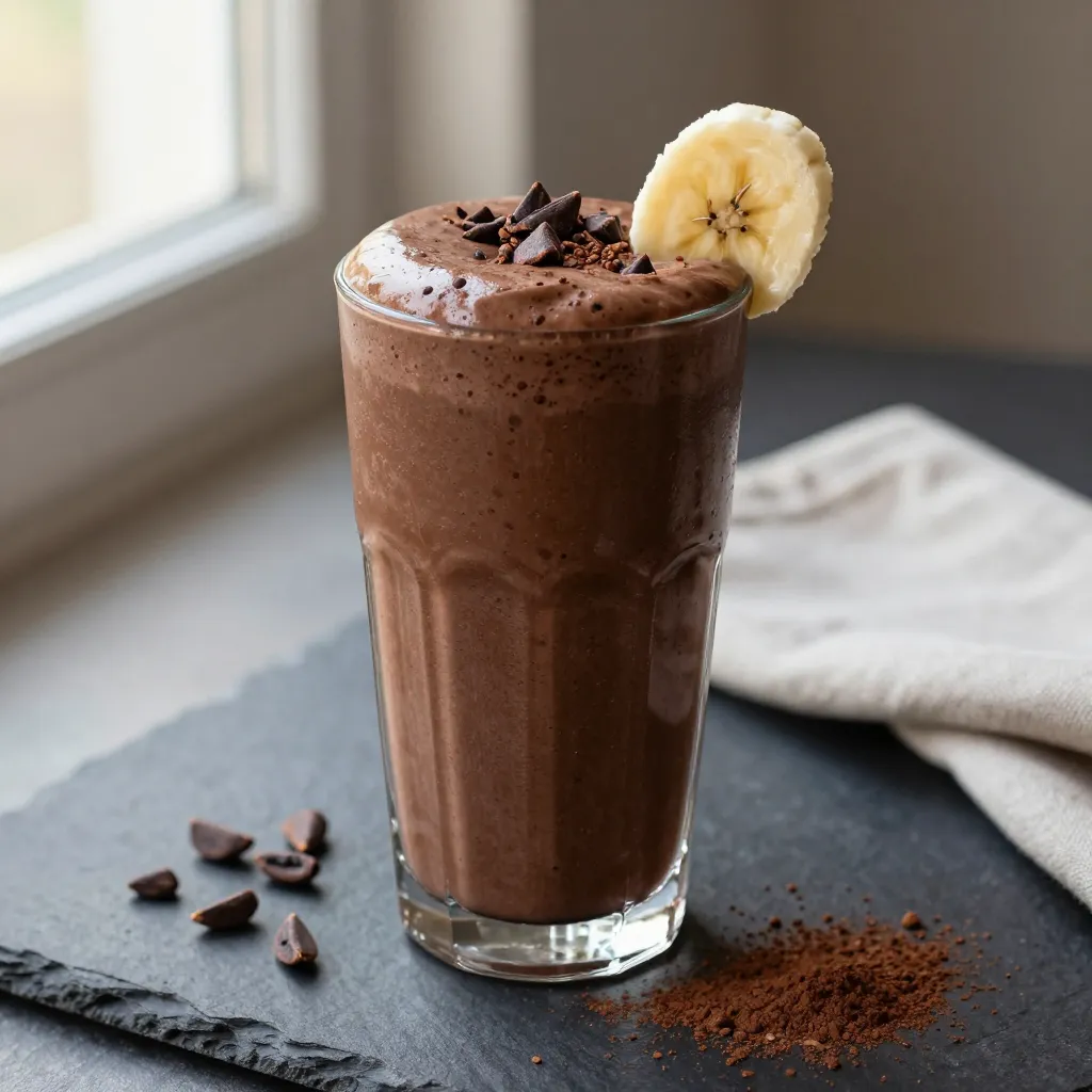 Chocolate Cacao Spirulina Smoothie topped with cacao nibs