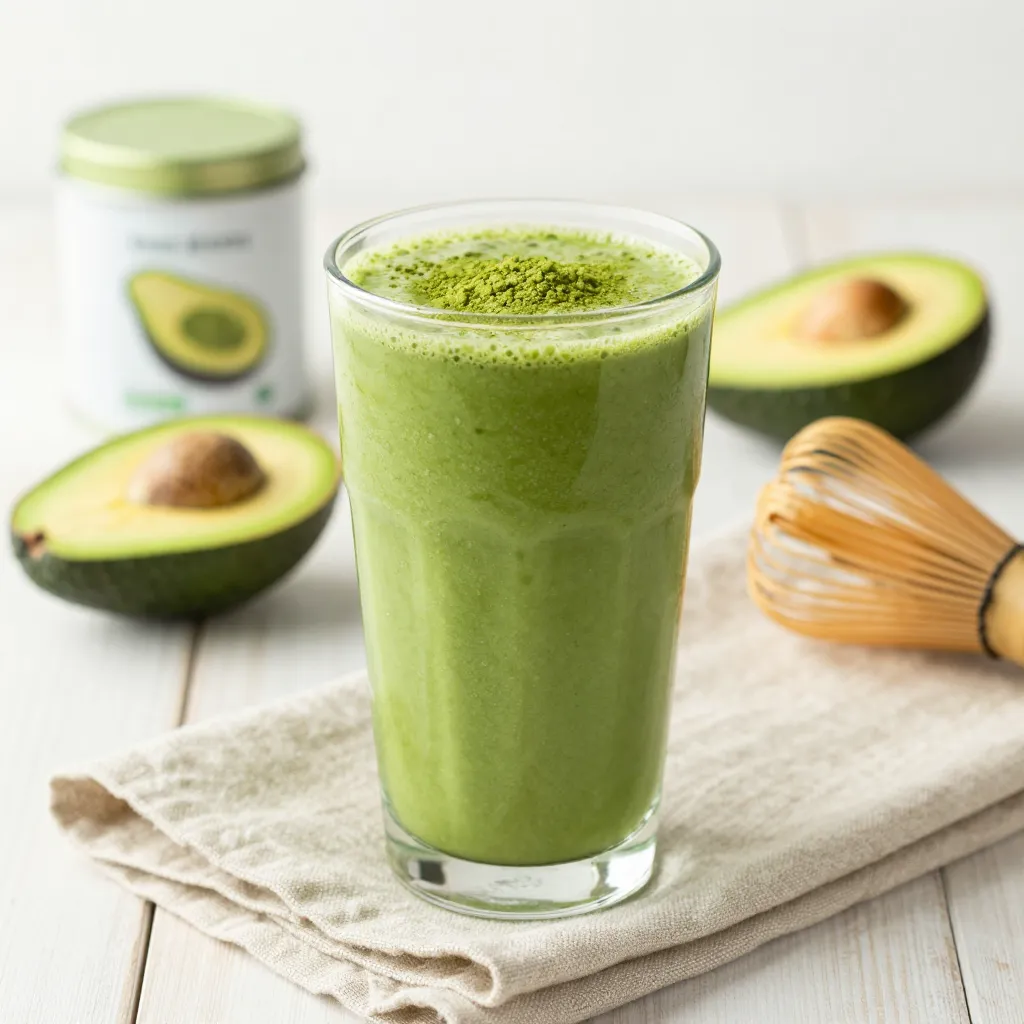 Matcha Spirulina Green Smoothie in a glass with matcha powder