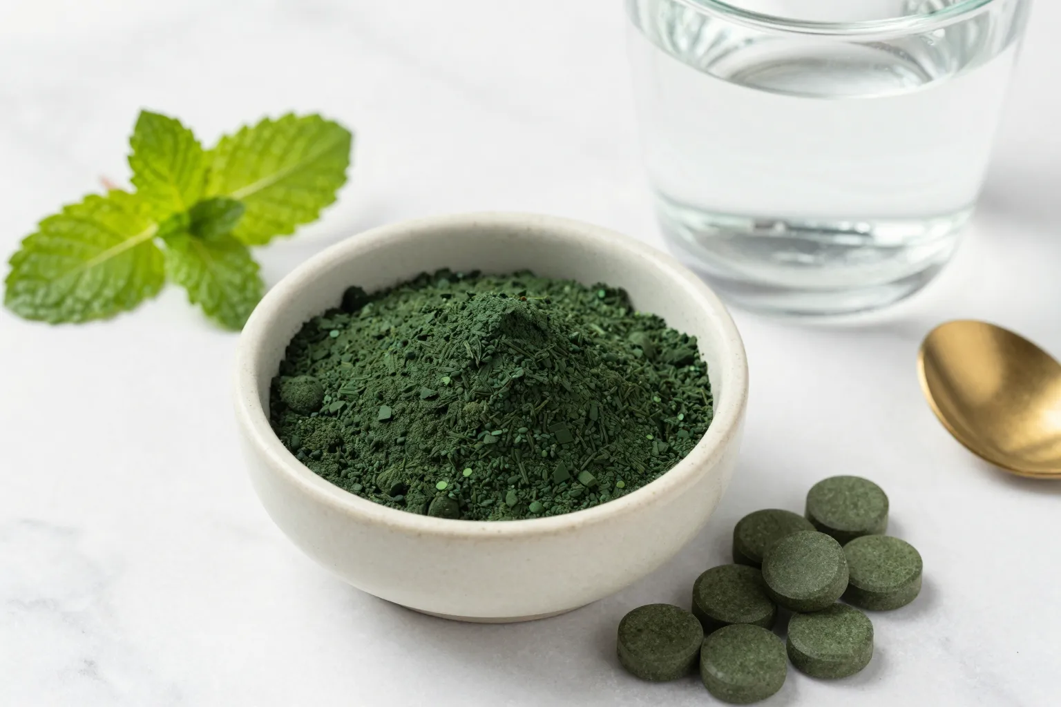 Flat lay of spirulina powder in a bowl, spirulina tablets, fresh mint and a glass of water on a clean white surface — illustrating spirulina side effects research