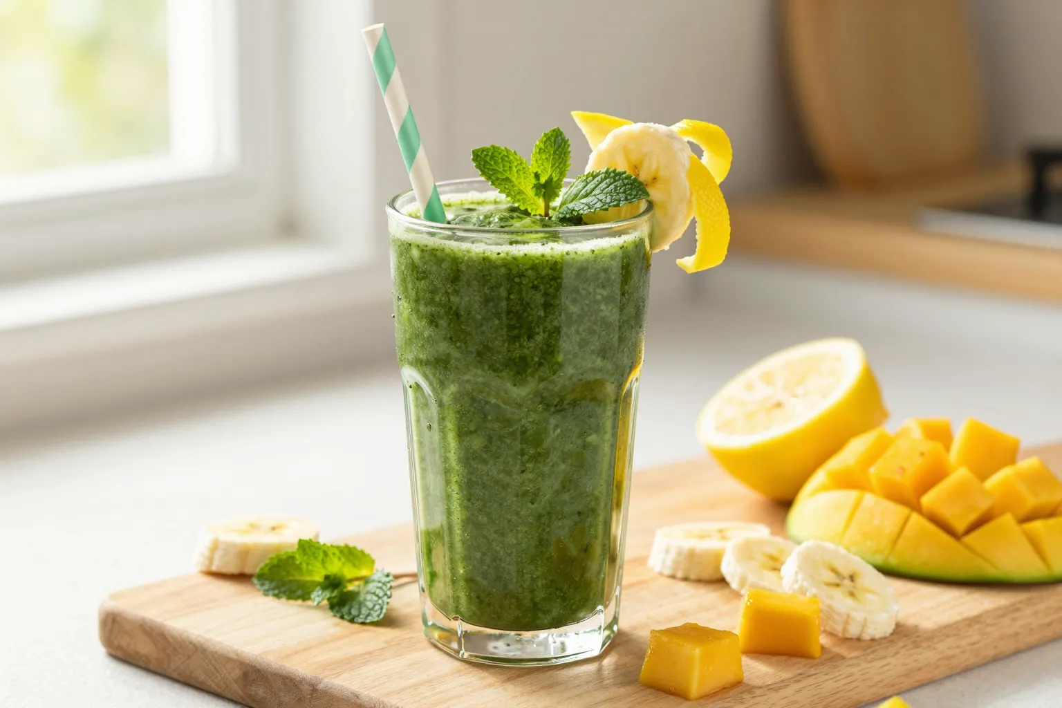 Bright green spirulina smoothie in a glass with banana, mango, lemon and fresh mint — served as part of a gentle daily ramp-up