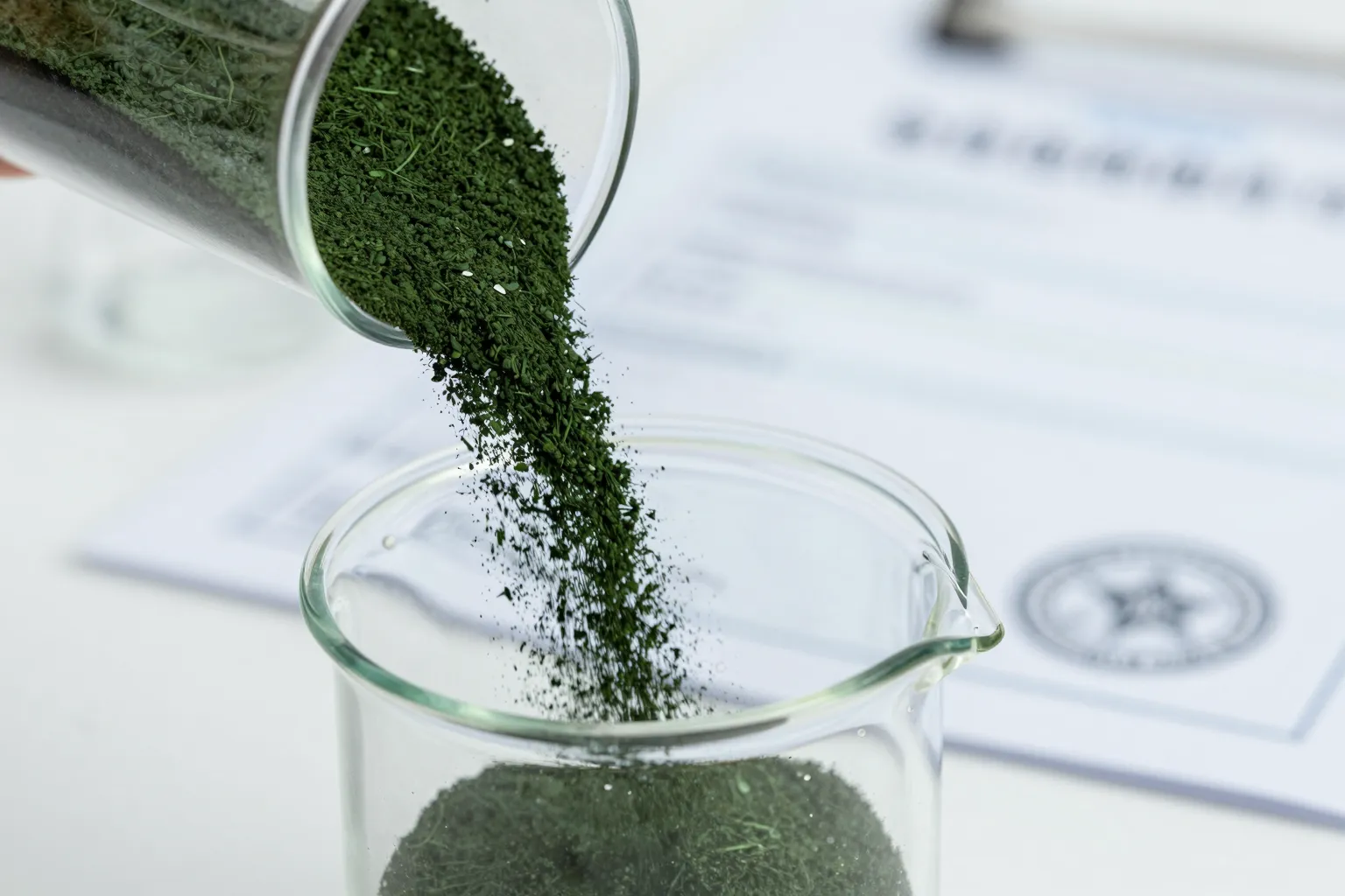 Macro view of spirulina powder pouring into a glass beaker with a blurred laboratory certificate of analysis in the background — representing third-party testing