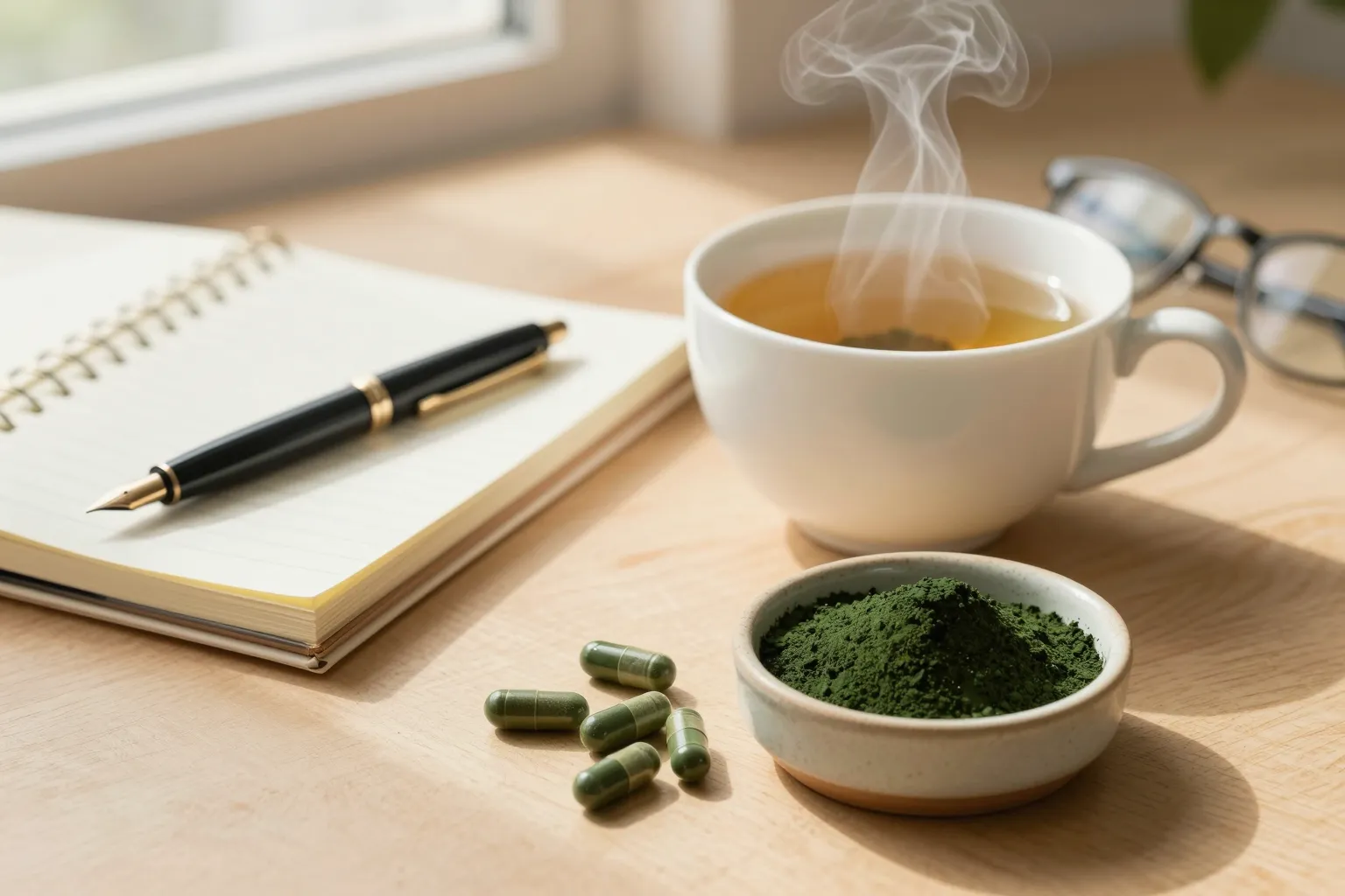 Warm still life with a cup of tea, open notebook, pen, small bowl of spirulina powder and capsules — representing a conversation with a healthcare provider before starting supplements