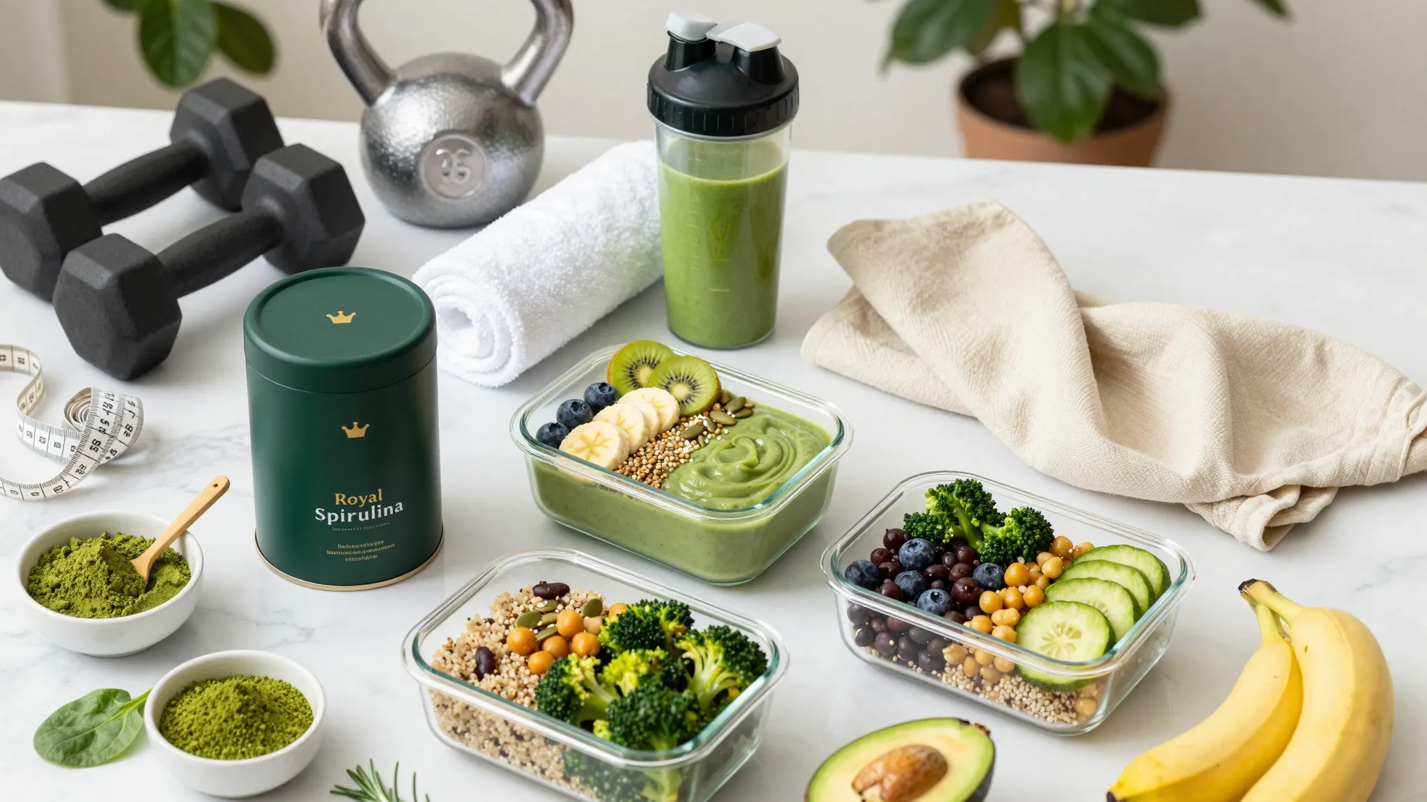 Plant-based workout meal plan flat-lay with dumbbells, kettlebell, protein shaker, Royal Spirulina tin, meal-prep containers, smoothie bowl, and fresh greens on a white marble surface.