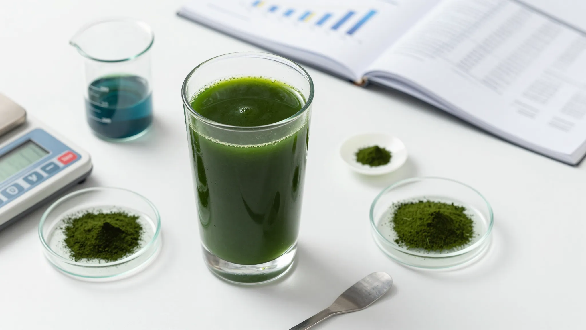 Clinical laboratory flat lay with a glass of green spirulina smoothie, beaker of spirulina powder, petri dish, analytical scale and open research journal