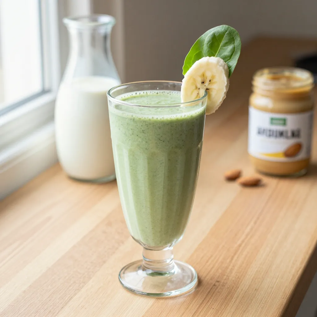 Classic Green Spirulina Smoothie in a tall glass with banana and spinach