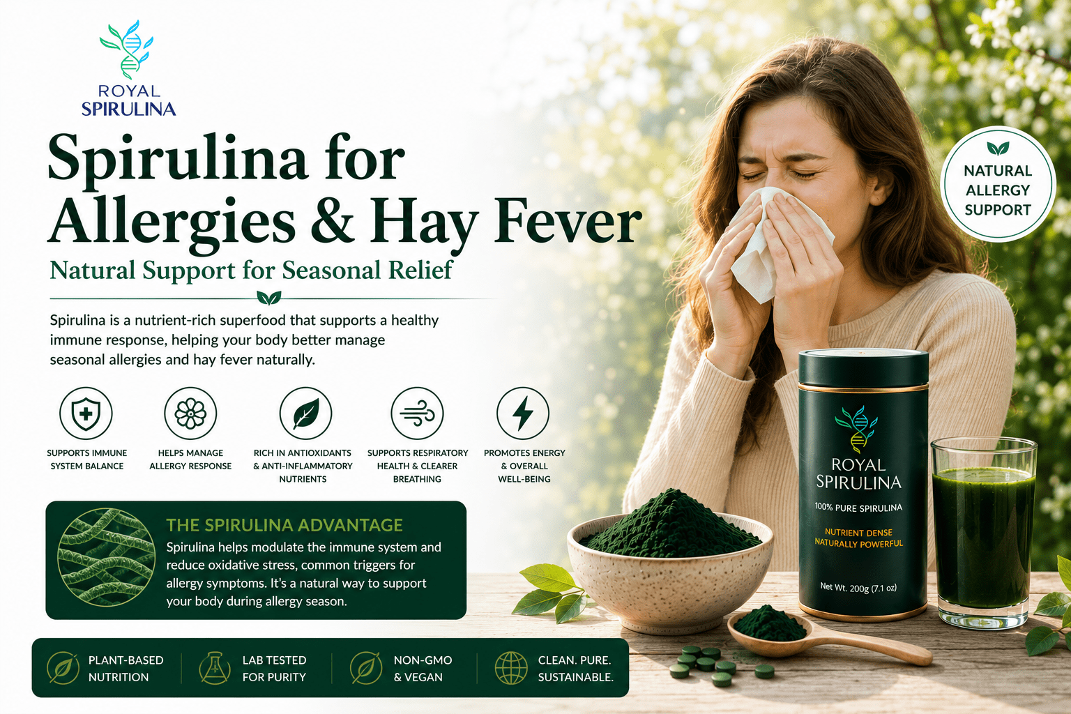 Spirulina for allergies and hay fever - natural antihistamine supplement