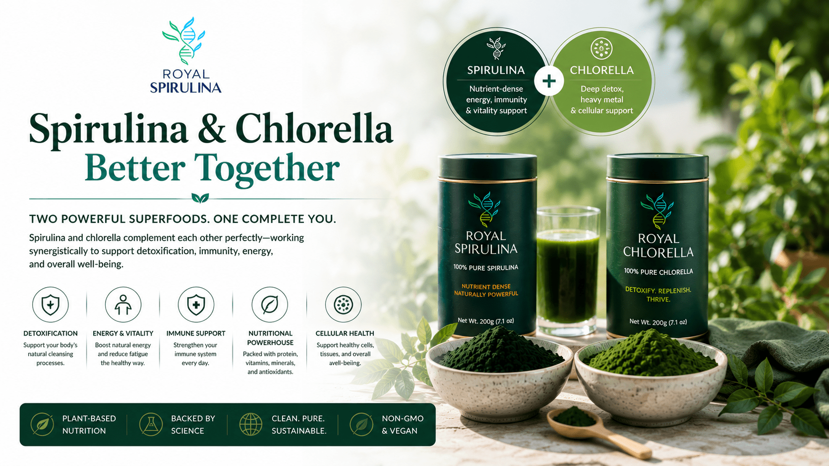 Spirulina and chlorella powder and tablets side by side