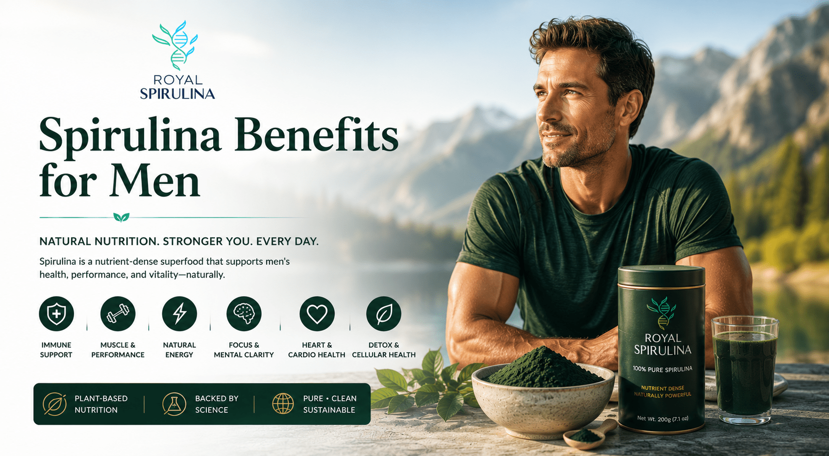 Spirulina benefits for men including testosterone, heart health, prostate support, and exercise performance