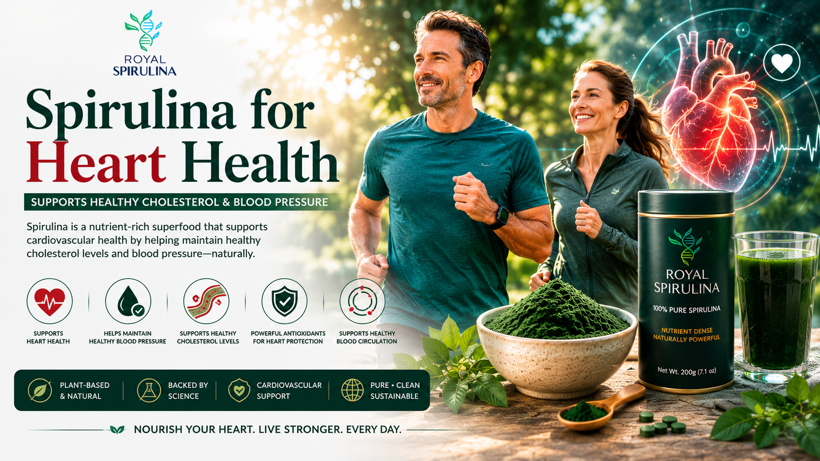 Spirulina powder and tablets with heart health symbols representing cardiovascular benefits of spirulina for cholesterol and blood pressure