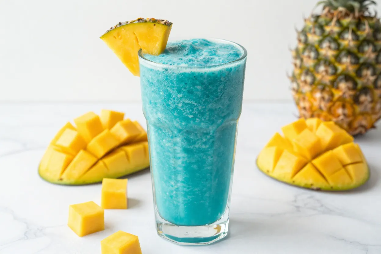 Blue tropical mango smoothie made with blue spirulina, mango, and pineapple in a tall glass