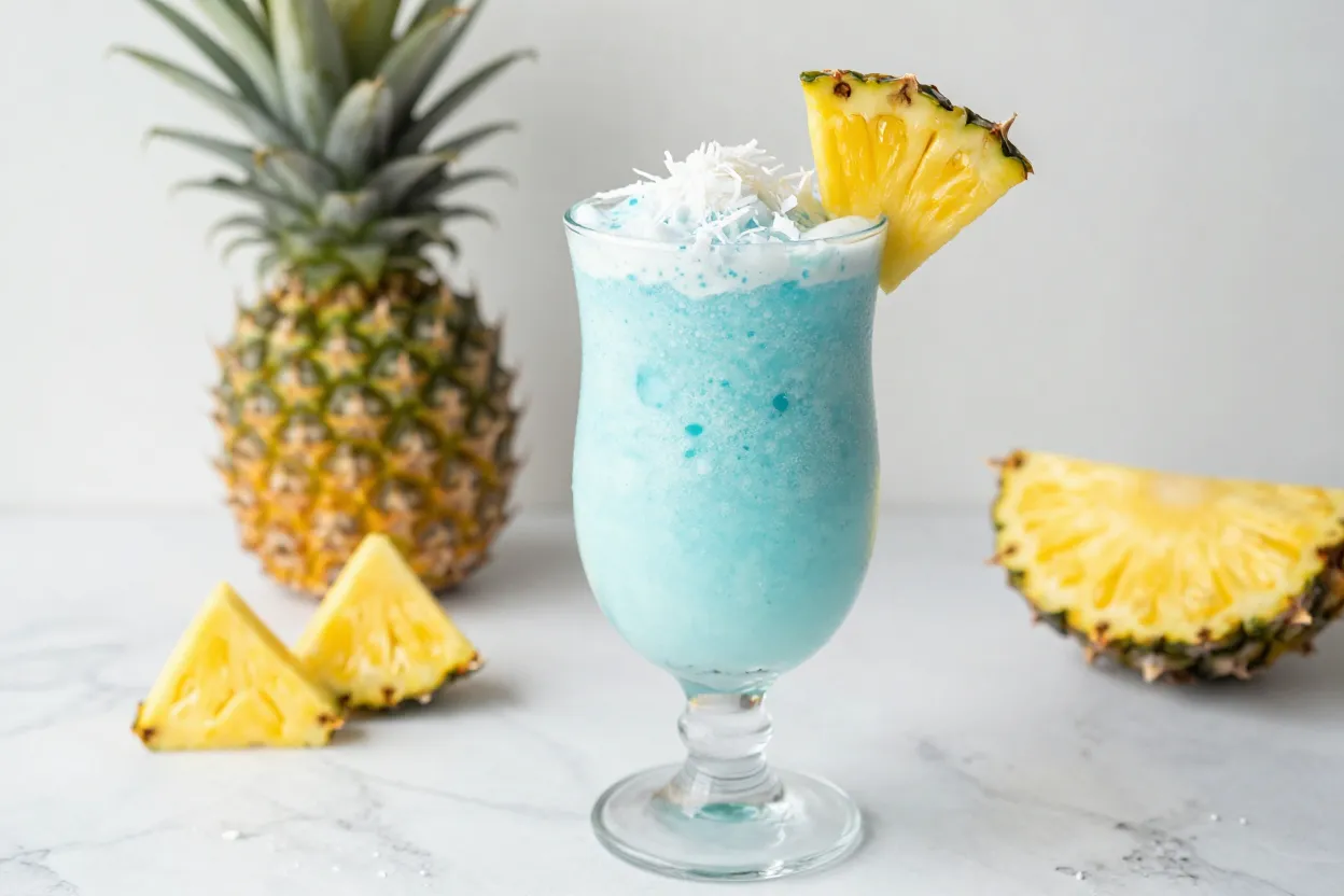 Blue pina colada smoothie made with blue spirulina, coconut cream, and pineapple with tropical garnish