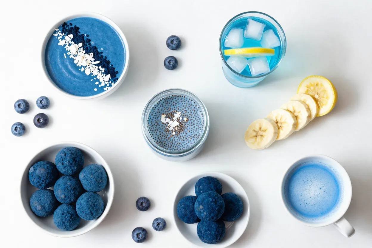 Collection of blue spirulina recipes including smoothie bowl, chia pudding, blue lemonade, energy balls, and blue latte