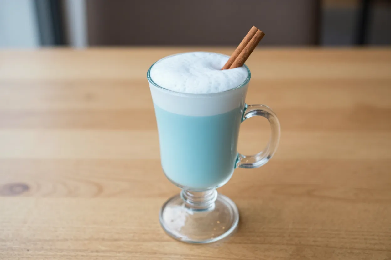 Blue moon latte made with blue spirulina and oat milk in a clear glass mug with cinnamon stick