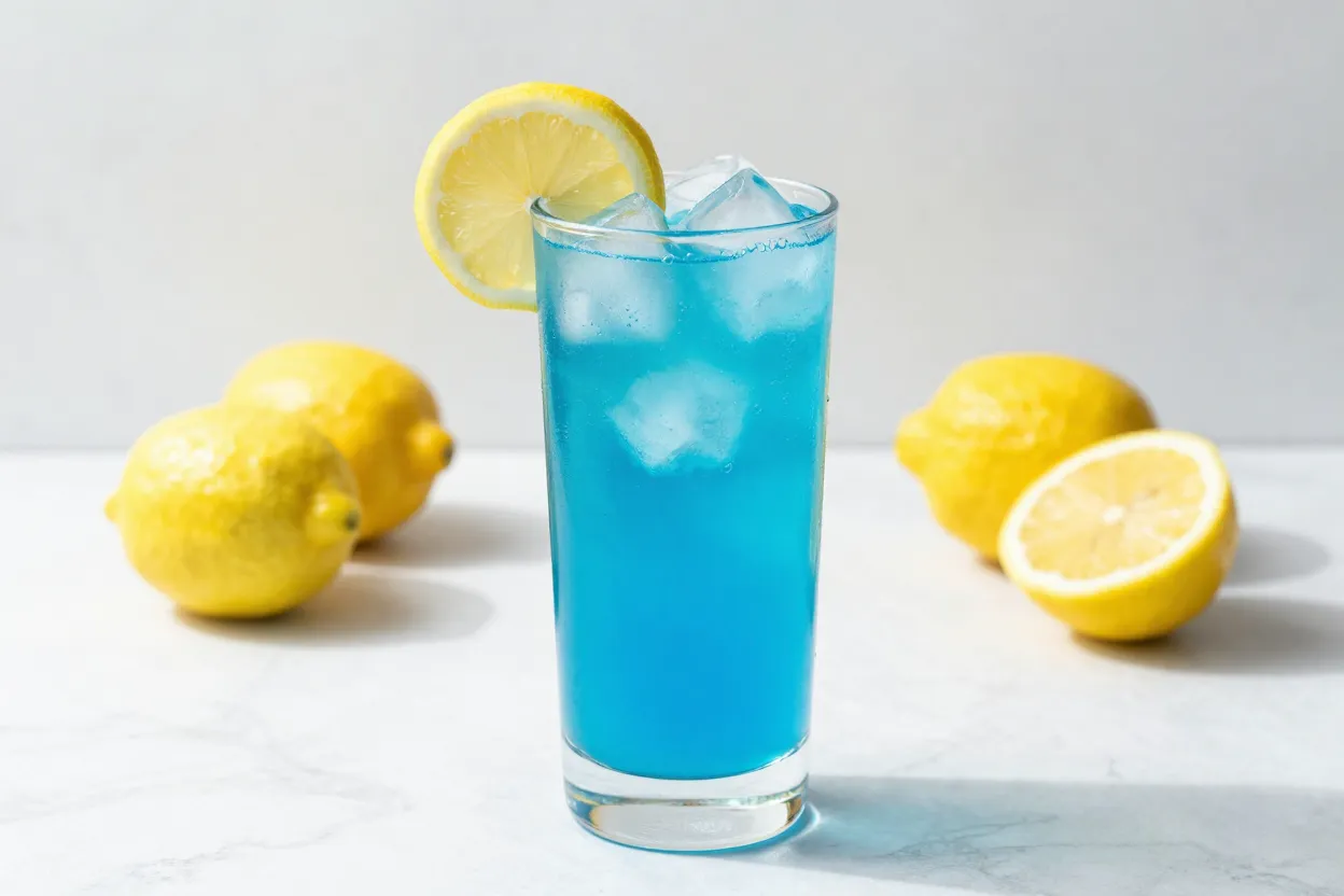 Electric blue lemonade made with blue spirulina extract in a tall glass with ice and lemon garnish