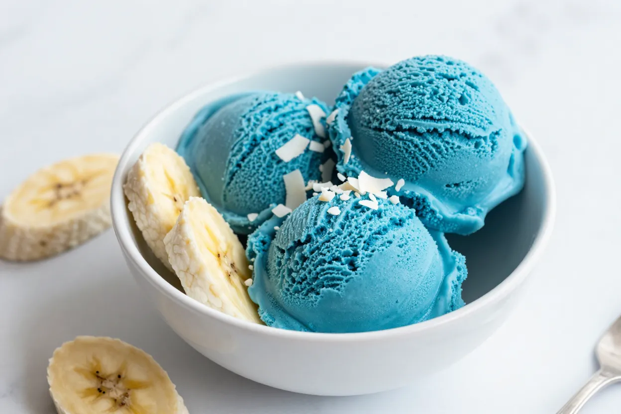 Blue spirulina nice cream scoops in a white bowl with banana slices and coconut flakes