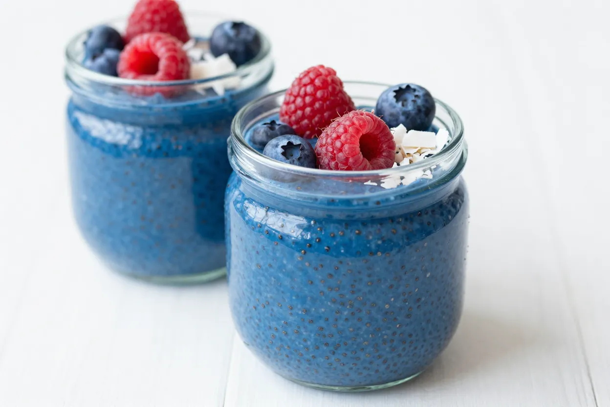 Blue spirulina chia pudding in glass jars topped with raspberries, blueberries, and coconut flakes