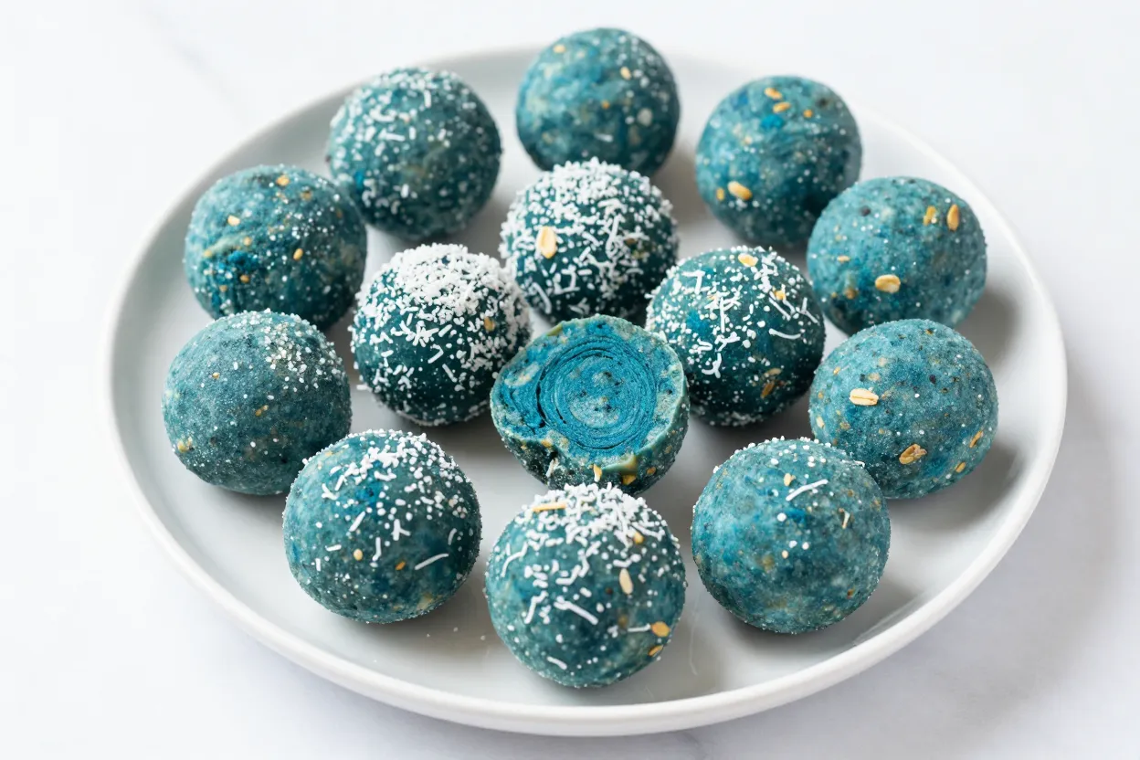 Blue spirulina energy balls on a white plate with coconut coating and one cut in half showing blue interior