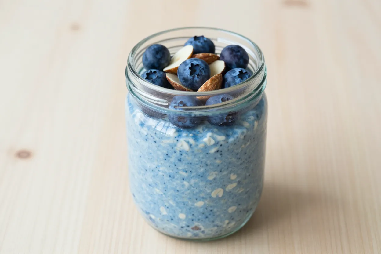 Blue butterfly overnight oats in a mason jar topped with blueberries and sliced almonds