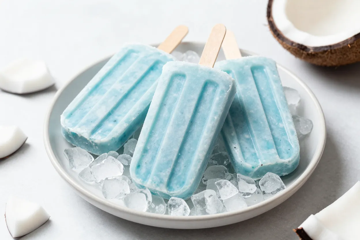 Blue spirulina coconut popsicles on a plate with crushed ice and fresh coconut