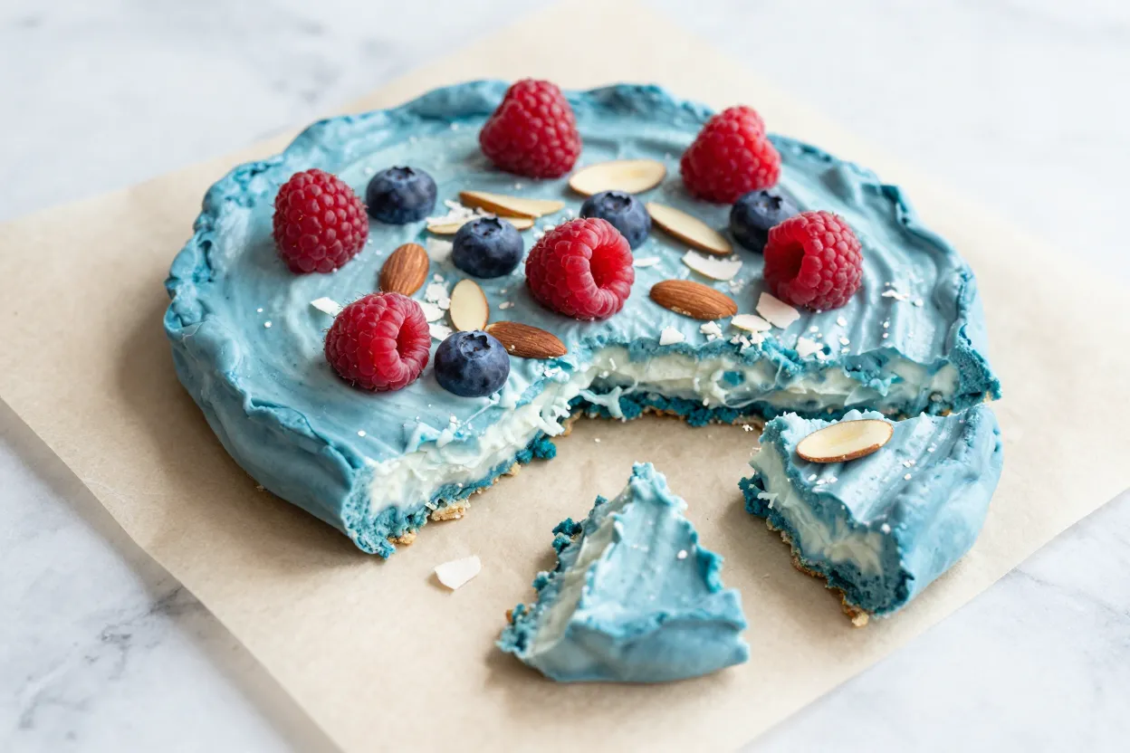 Blue spirulina yogurt bark broken into pieces on parchment paper topped with raspberries, blueberries, and almonds